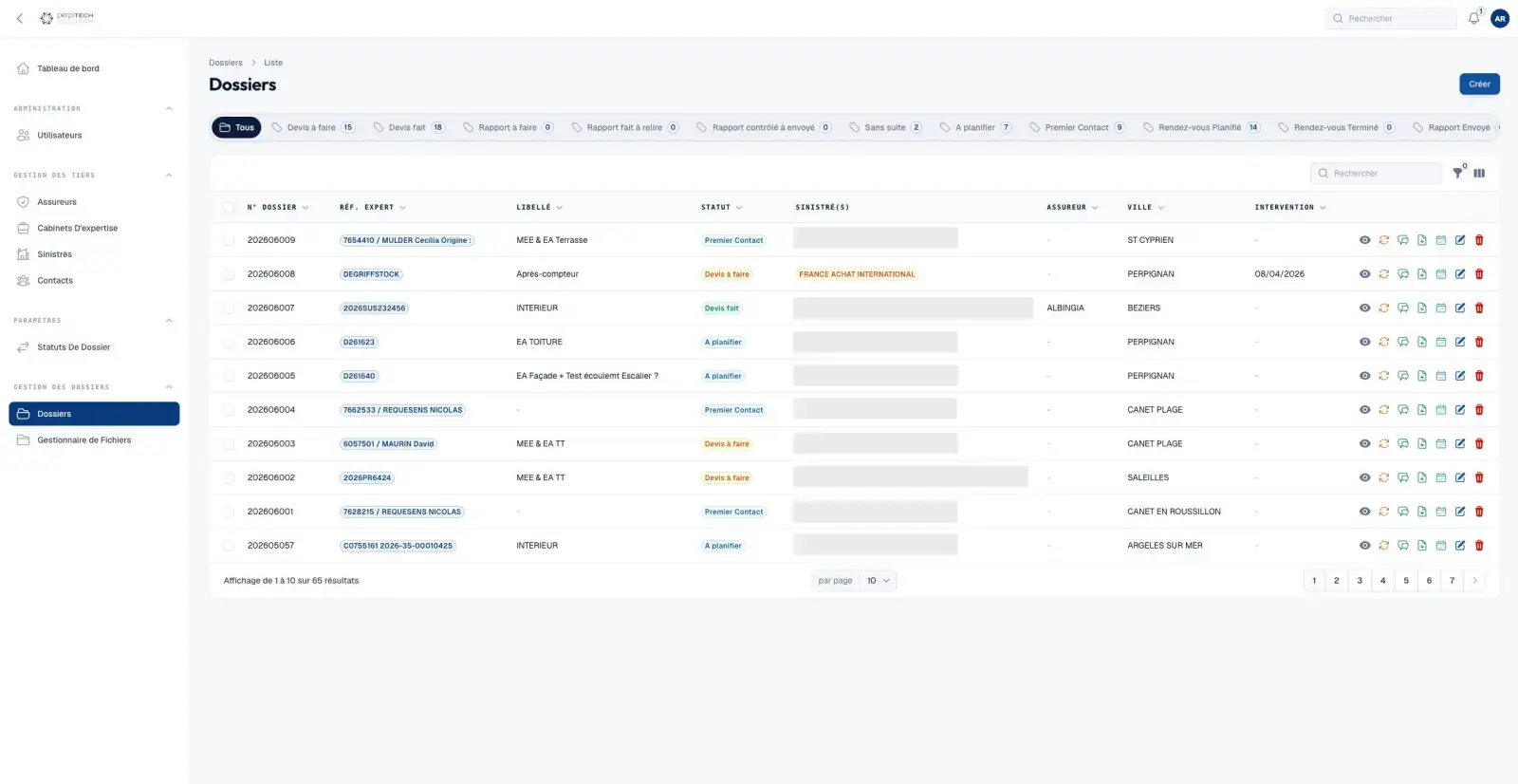 Liste des dossiers d'intervention dans le CRM de Perpitech