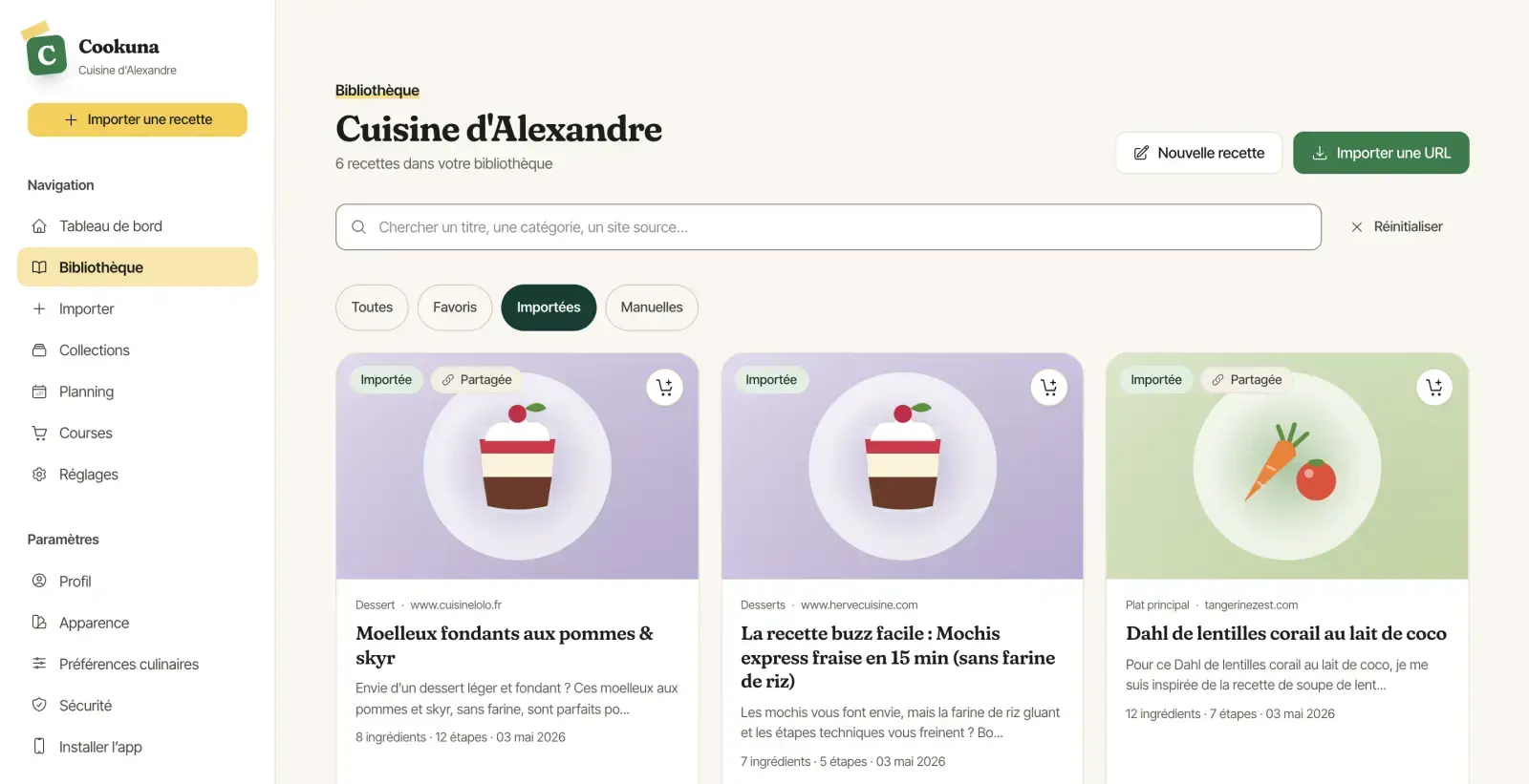 La bibliothèque de recettes importées