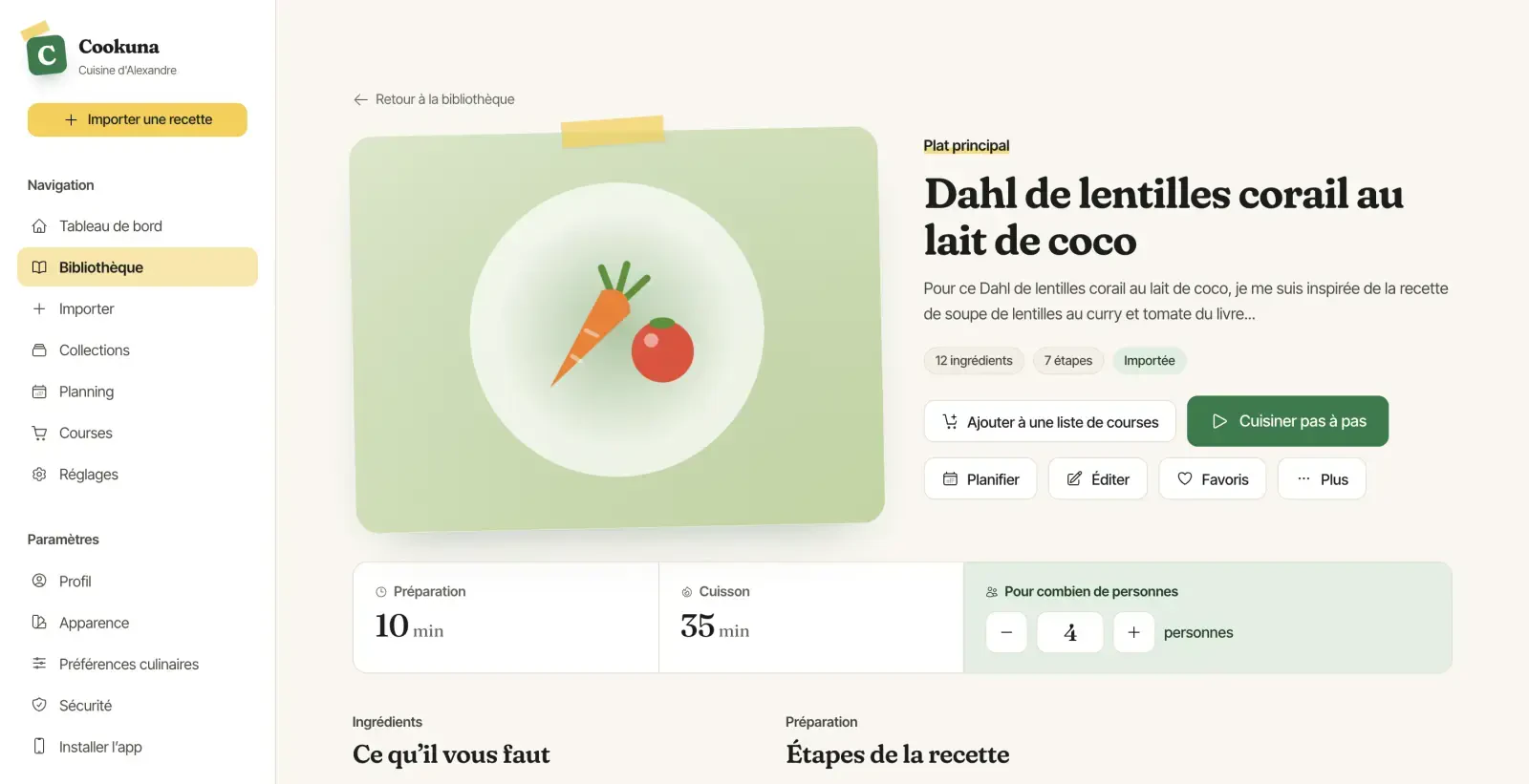 Une fiche épurée, portions ajustables