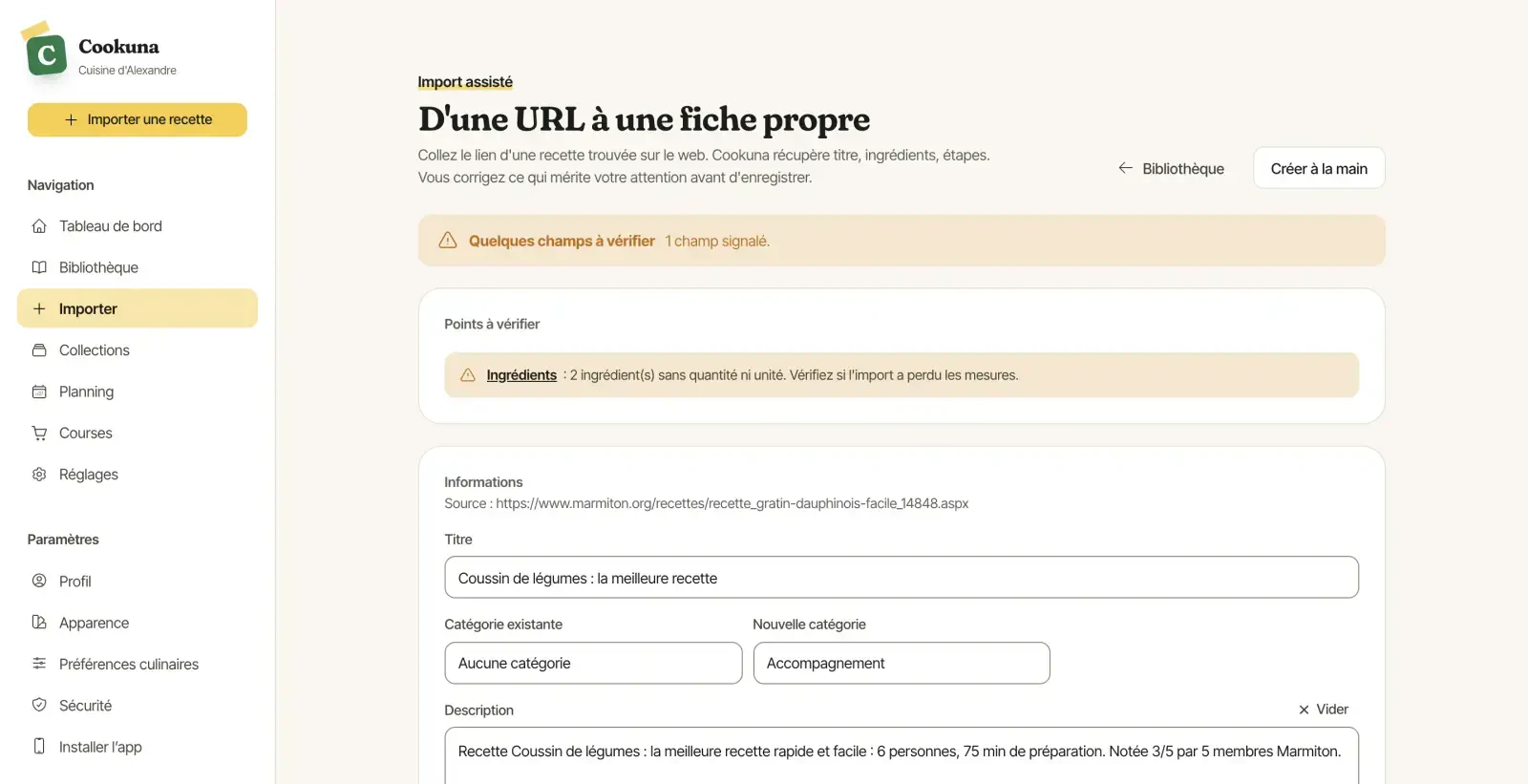 Import depuis un lien, avec les points à vérifier