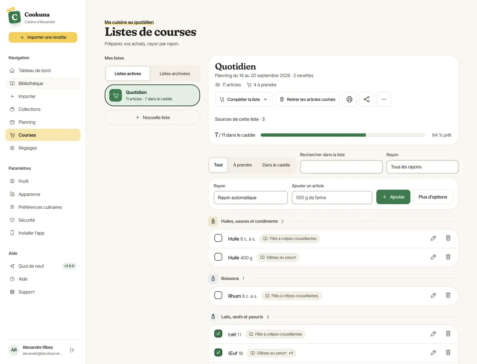 La liste de courses, rangée par rayon