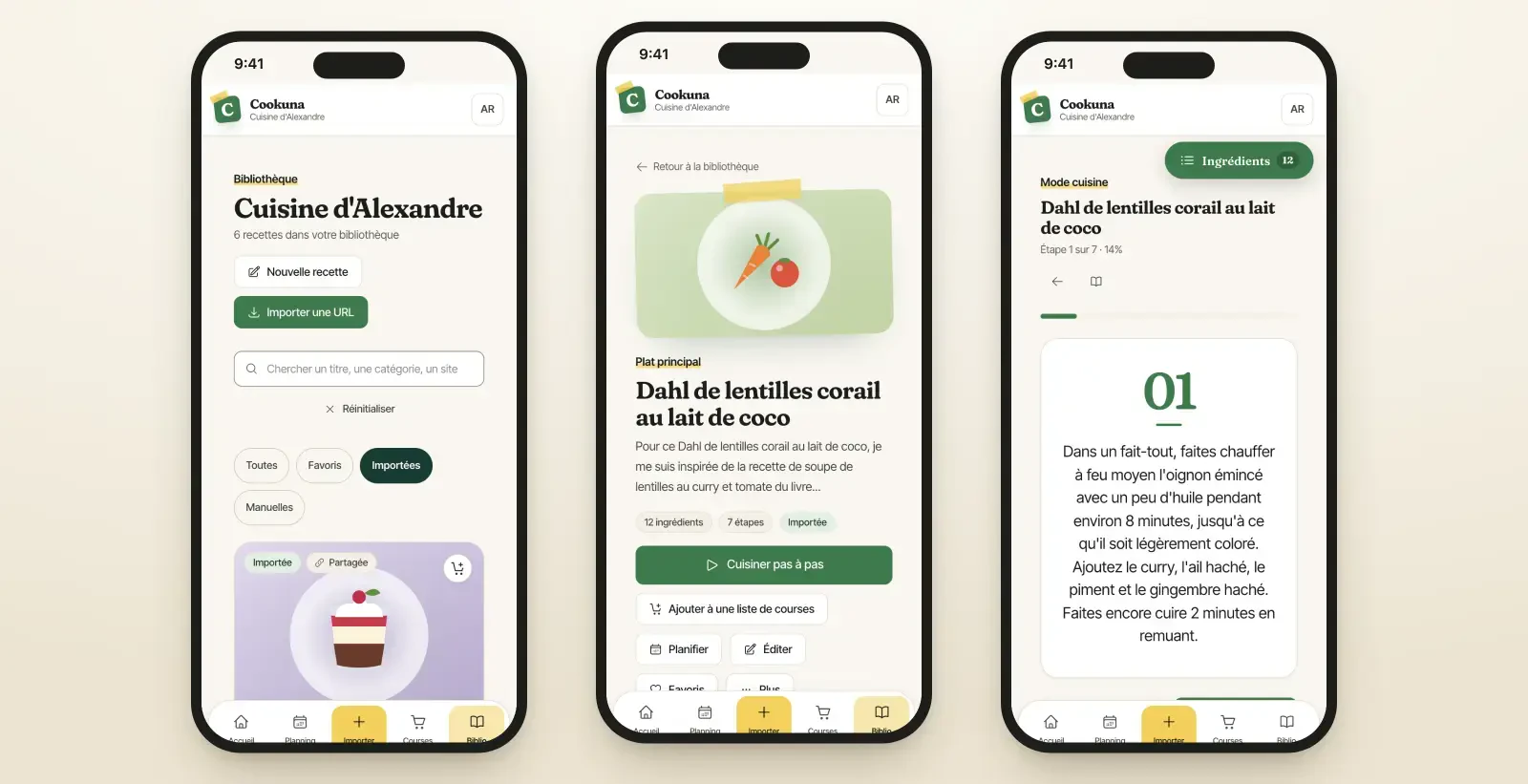 Sur téléphone : bibliothèque, fiche et mode cuisine