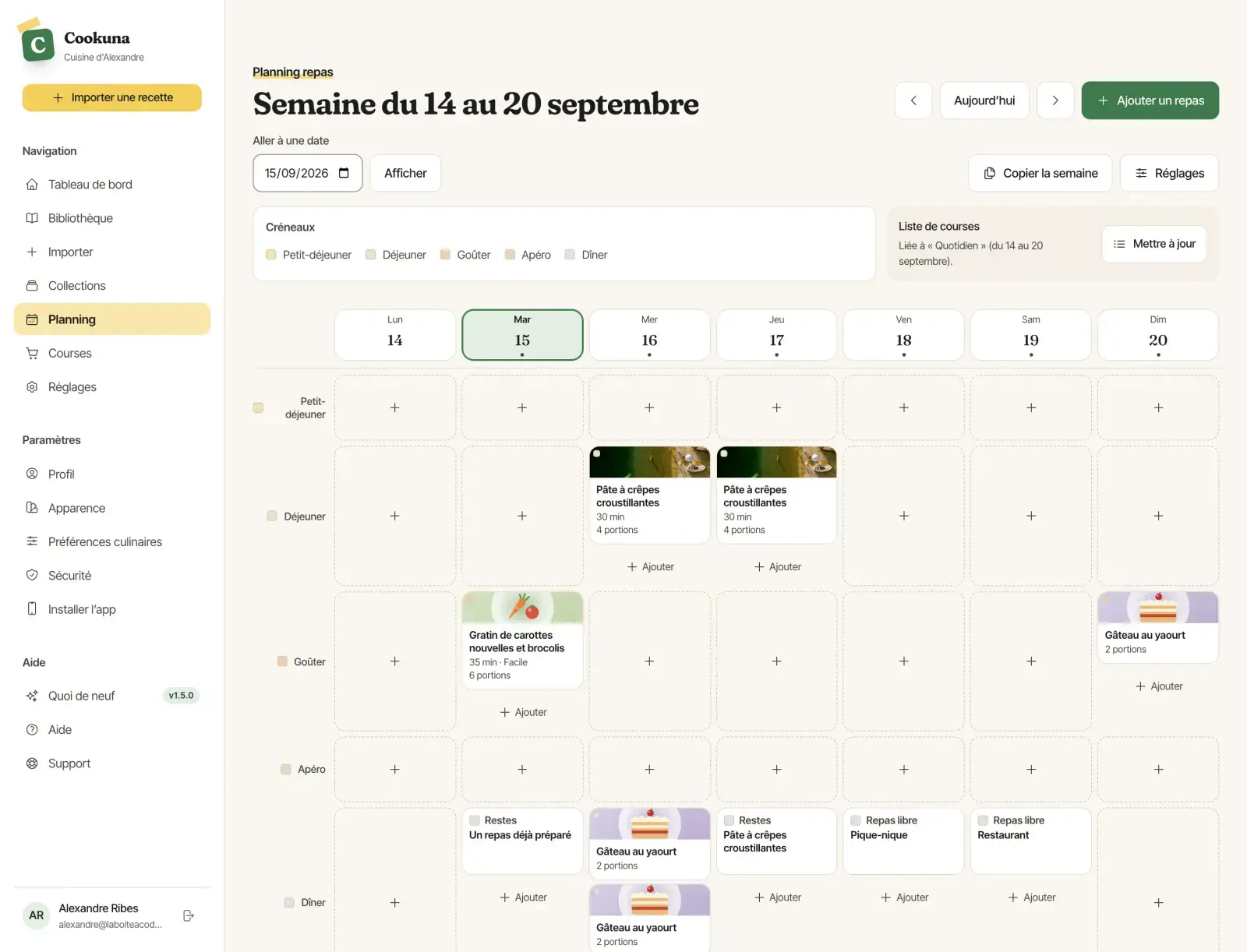 Le planning des repas de la semaine