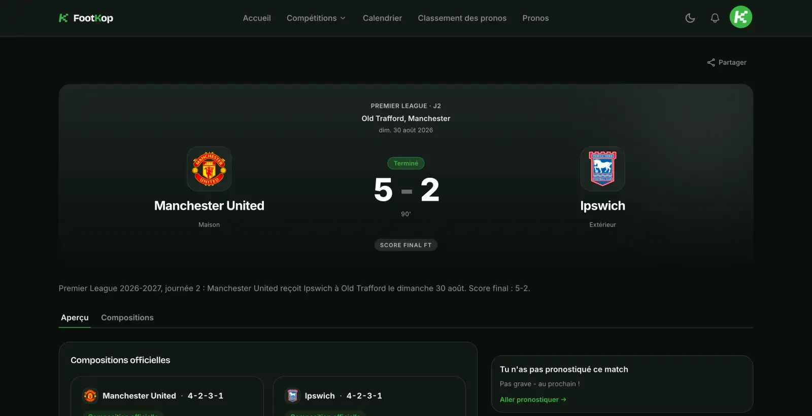 La fiche d'un match terminé