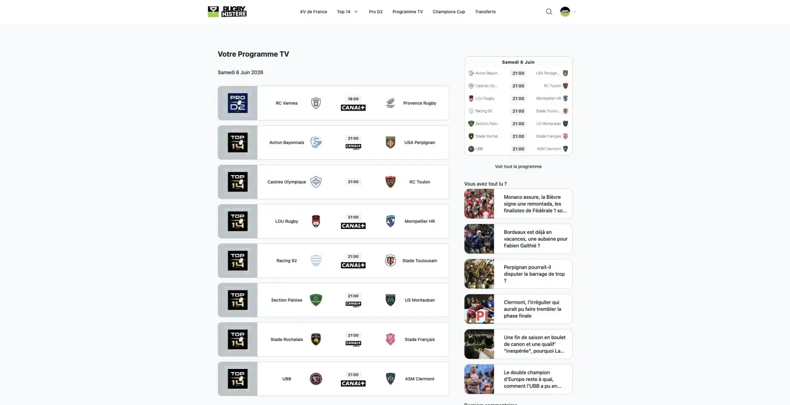 Programme TV des matchs